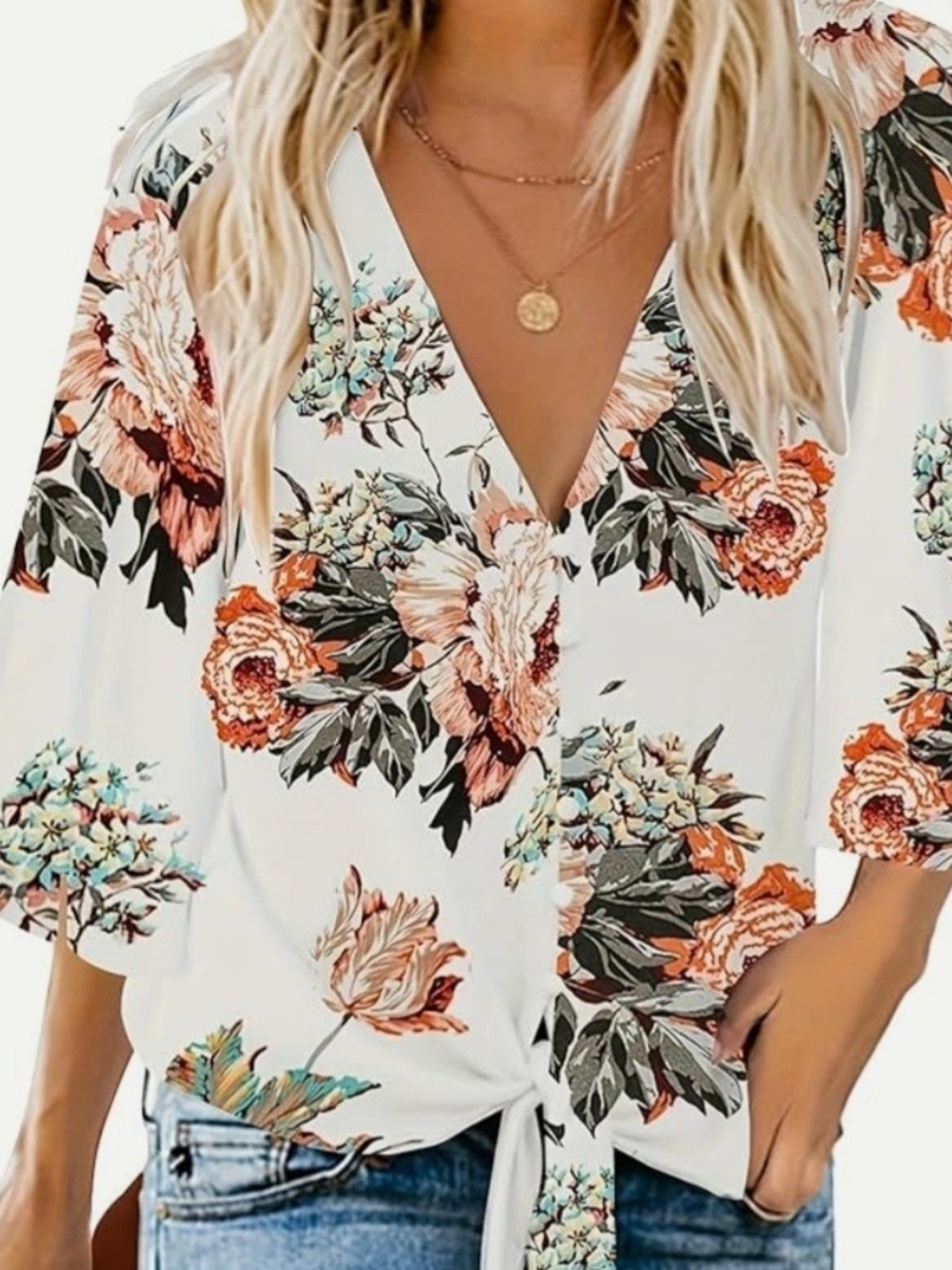 Women's Floral Tie-Front V-Neck Tunic Top - White/Orange